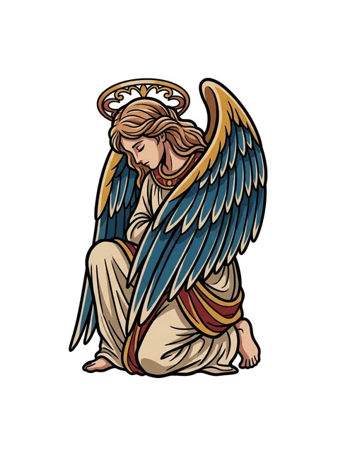 Color neo traditional angel tattoo design: a kneeling angel with a halo