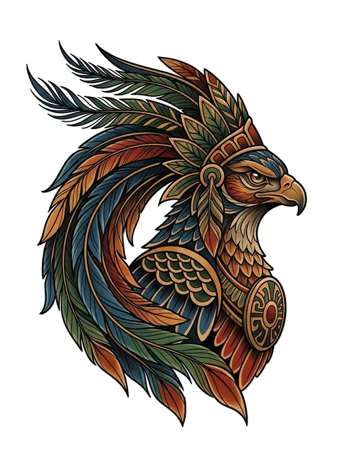 Color neo traditional aztec and eagle tattoo design