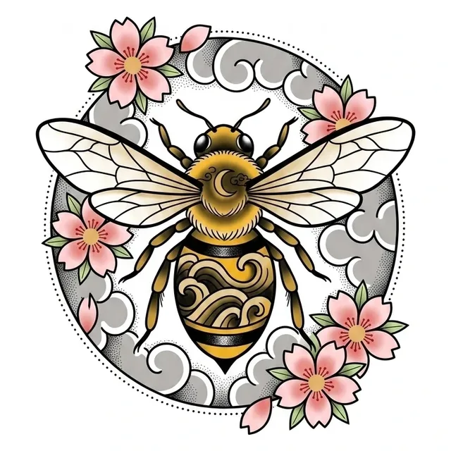 Color neo traditional bee and cherry blossom tattoo design