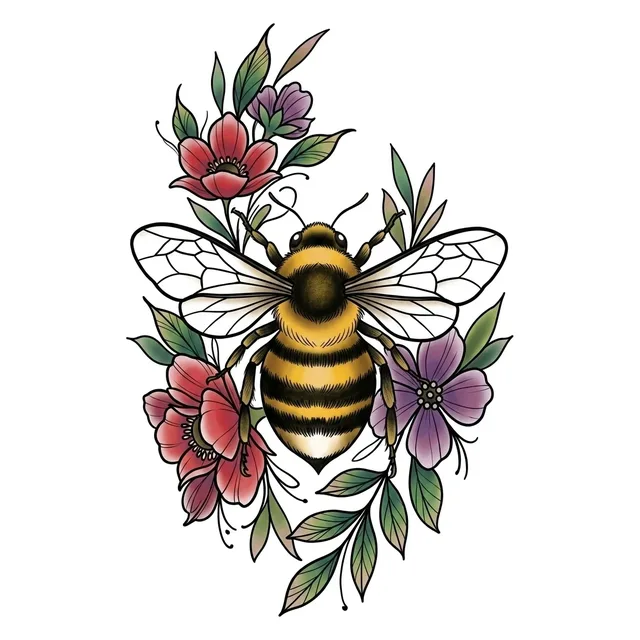 Color neo traditional bee and flower tattoo design