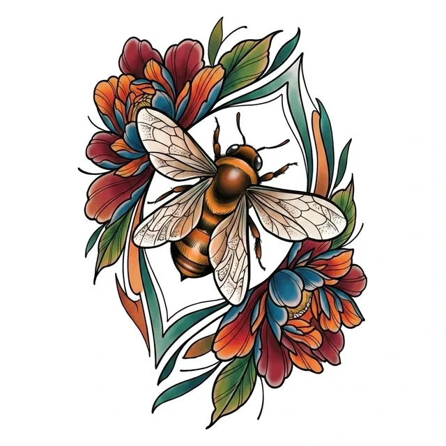 Color neo traditional bee and flower tattoo design