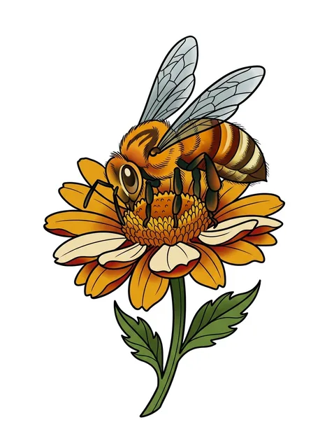 Color neo traditional bee and flower tattoo design