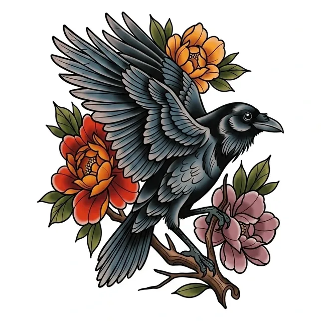 Color neo traditional bird and flower tattoo design