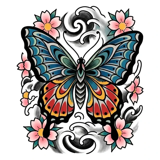 neo traditional Butterfly tattoo design, in colour