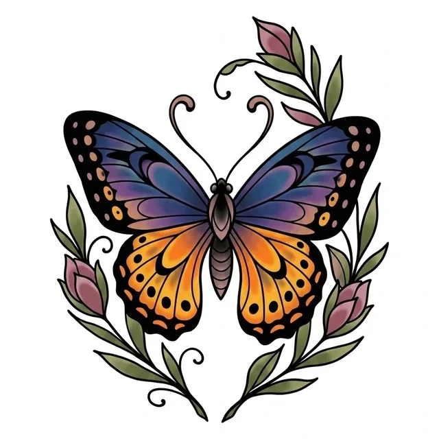 Color neo traditional butterfly and flower tattoo design: a butterfly with blue and orange wings