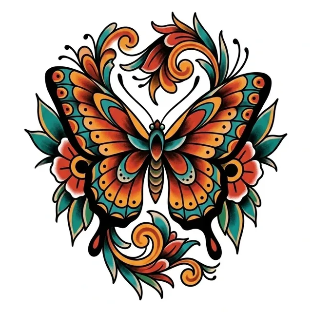 neo traditional Butterfly tattoo design, in colour