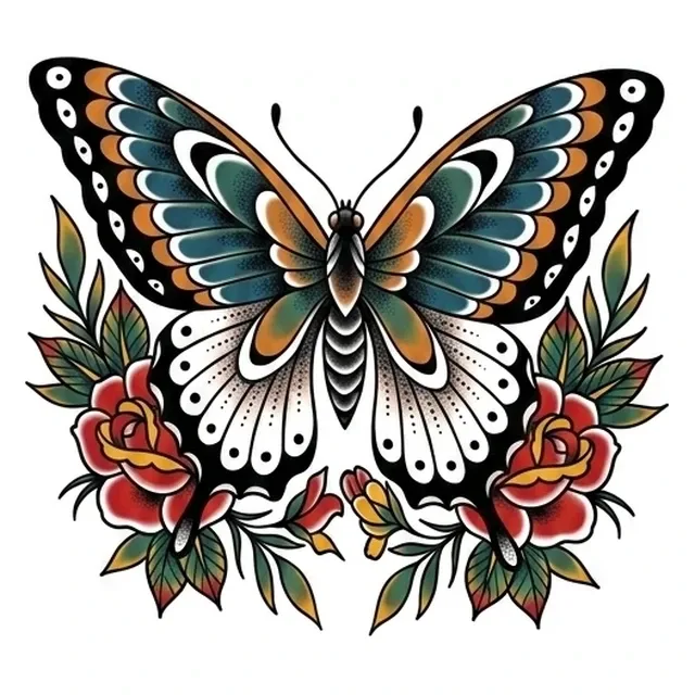 Color neo traditional butterfly and rose tattoo design