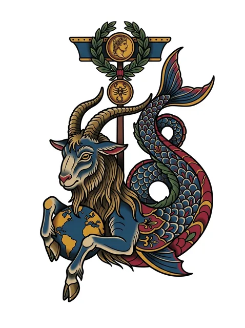 Tattoo-Vorlage mit dem Sternzeichen Steinbock, Stil: Neo Traditional, in Farbe