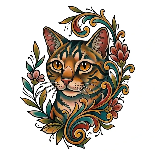 Color neo traditional cat and flower tattoo design: a tabby cat's head