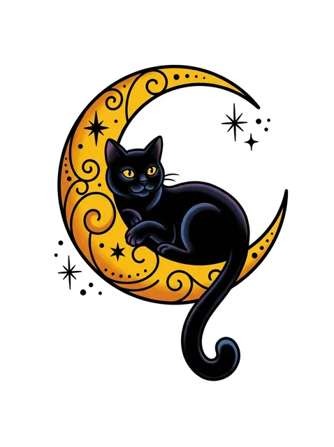 Color neo traditional cat and moon tattoo design