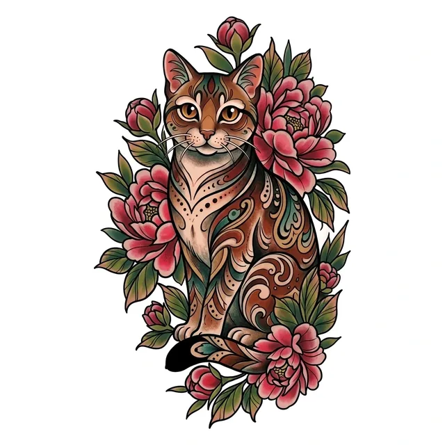Color neo traditional cat and peony tattoo design