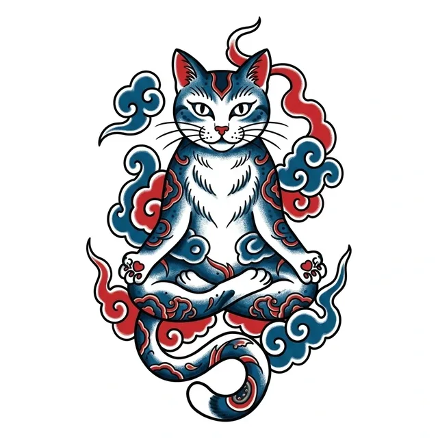 Color neo traditional cat tattoo design