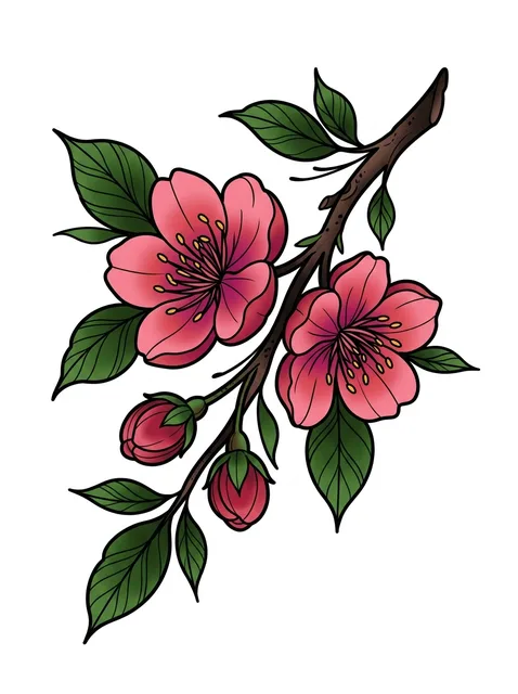 Color neo traditional cherry blossom and flower tattoo design: a branch of cherry blossoms