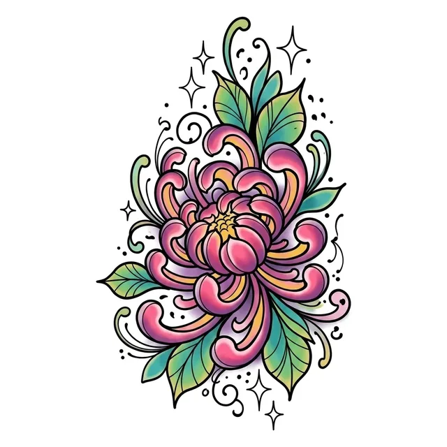 neo traditional chrysanthemum tattoo design, in colour