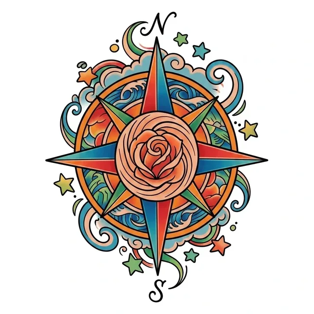 neo traditional Compass tattoo design, in colour