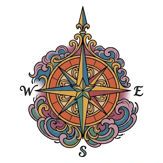 Color neo traditional compass tattoo design