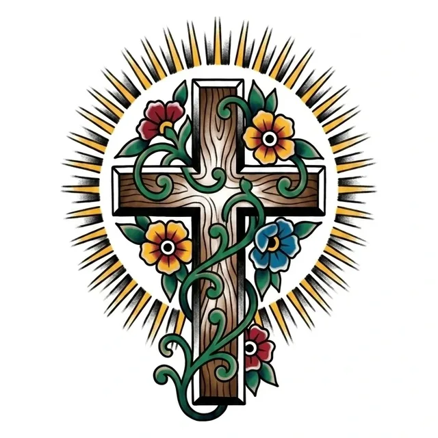 neo traditional Cross tattoo design, in colour