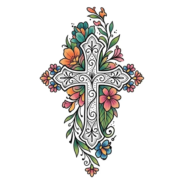neo traditional Cross tattoo design, in colour
