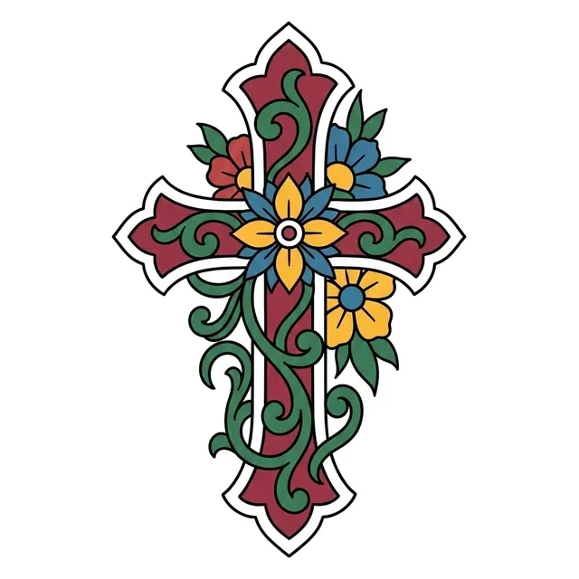 neo traditional Cross tattoo design, in colour