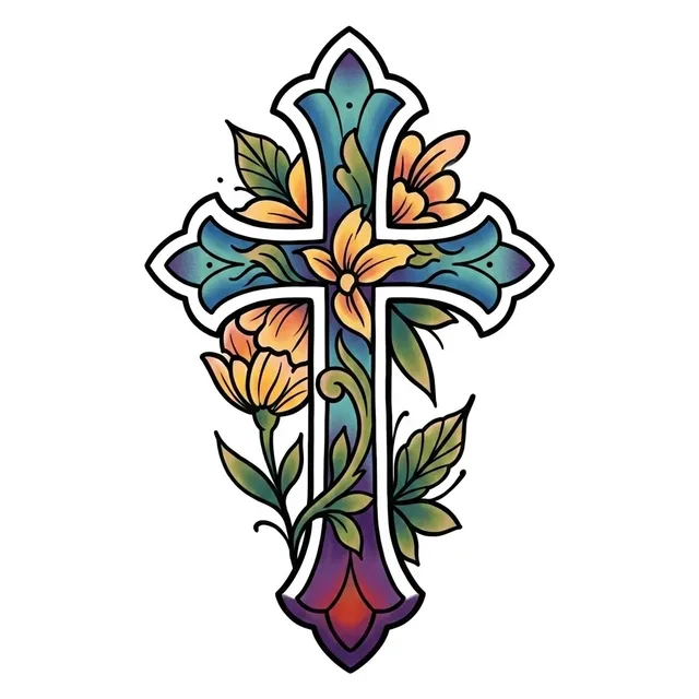 neo traditional Cross tattoo design, in colour