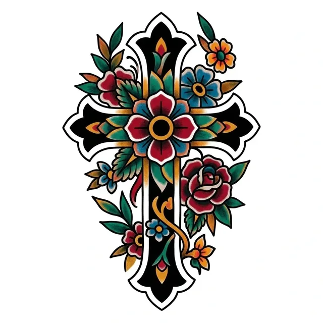 neo traditional Cross tattoo design, in colour