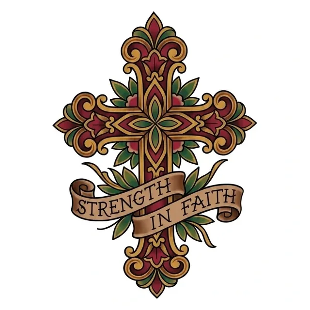 neo traditional Cross tattoo design, in colour