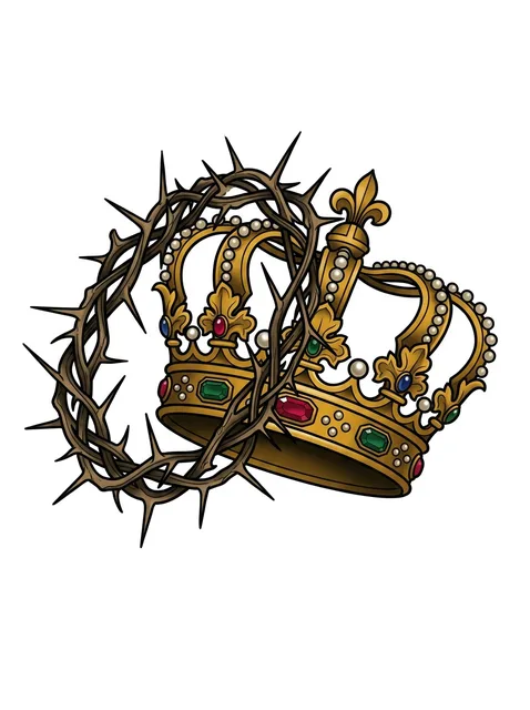 Color neo traditional crown of thorns and crown tattoo design