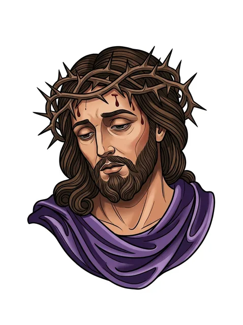 Color neo traditional crown of thorns and jesus tattoo design