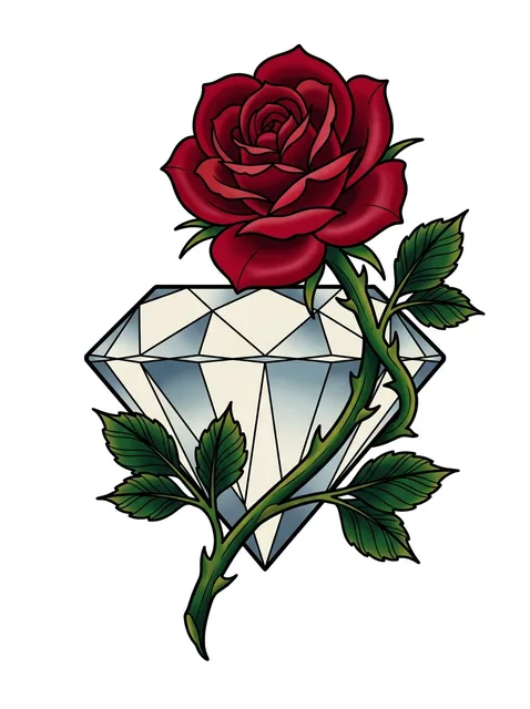 Color neo traditional diamond and rose tattoo design