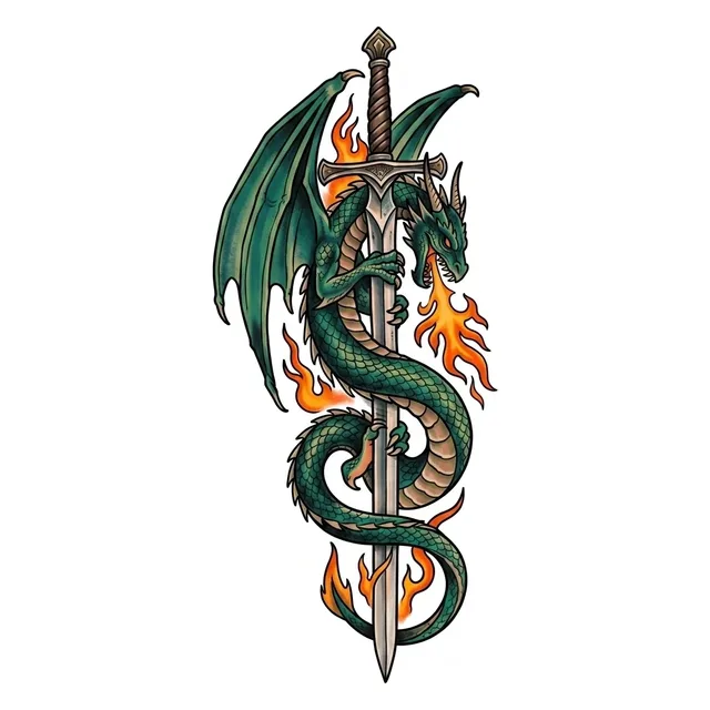 Color neo traditional dragon and sword tattoo design