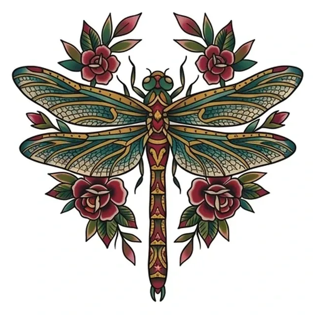 neo traditional Dragonfly tattoo design, in colour
