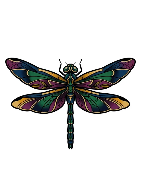 neo traditional Dragonfly tattoo design, in colour