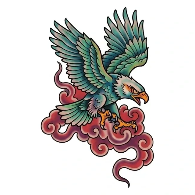 Color neo traditional eagle tattoo design: an eagle with outstretched wings, perched on red clouds