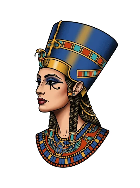 Color neo traditional egyptian and woman portrait tattoo design