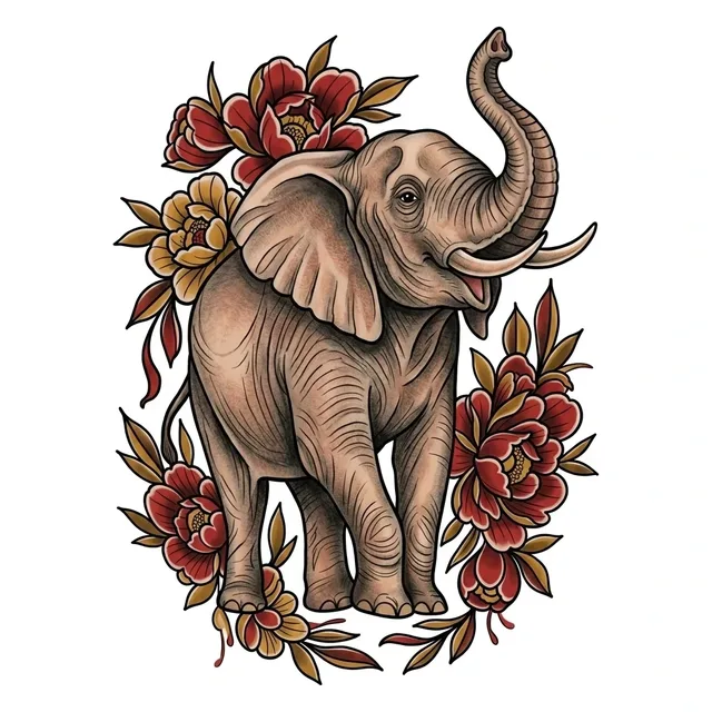 Color neo traditional elephant and peony tattoo design