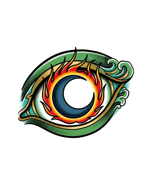 Color neo traditional fire and eye tattoo design
