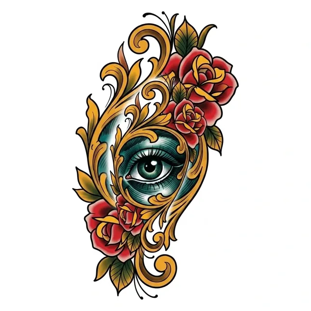 Color neo traditional eye and rose tattoo design: a detailed eye with a teal iris