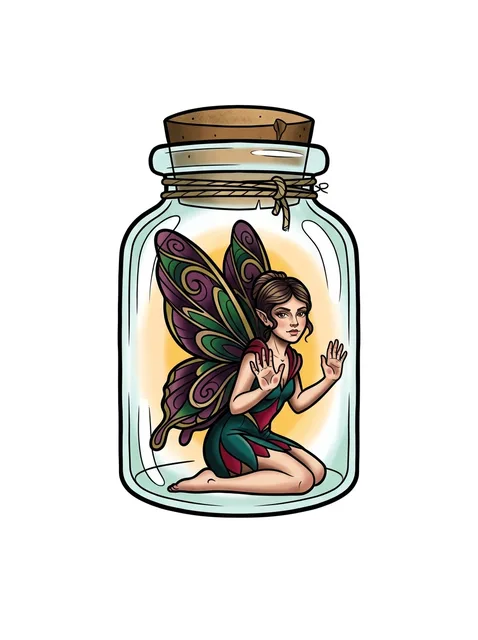 Color neo traditional fairy and jar tattoo design