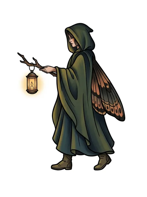 Color neo traditional lantern and fairy tattoo design: a small glowing lantern hung from it