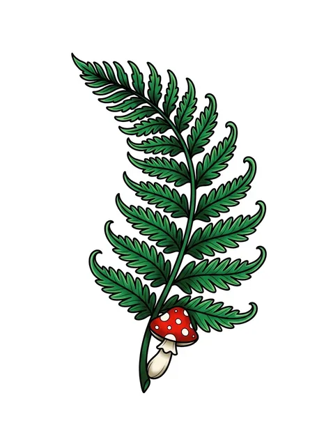 Color neo traditional fern and mushroom tattoo design