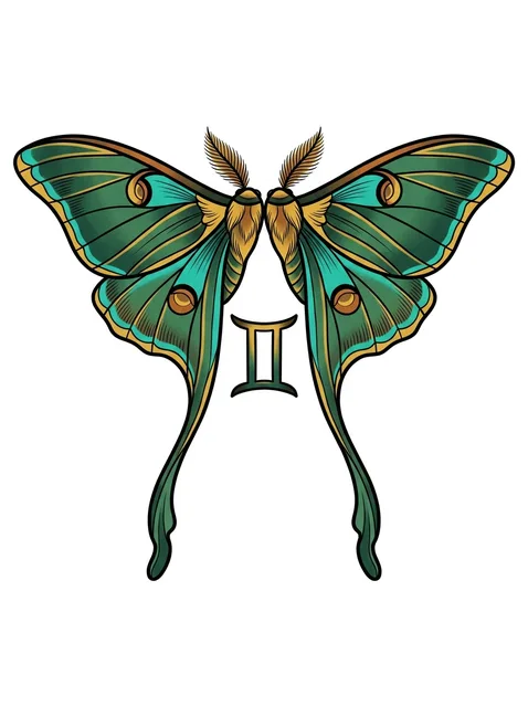 Tattoo-Vorlage mit einer Motte und dem Sternzeichen Zwillinge, Stil: Neo Traditional, in Farbe