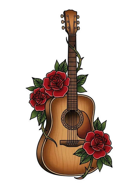 Color neo traditional guitar and rose tattoo design