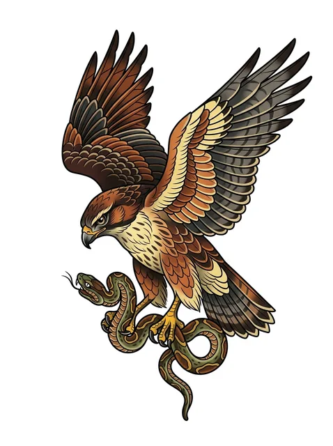 Color neo traditional hawk and snake tattoo design