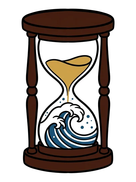 Color neo traditional hourglass and wave tattoo design: an hourglass with a brown wooden frame