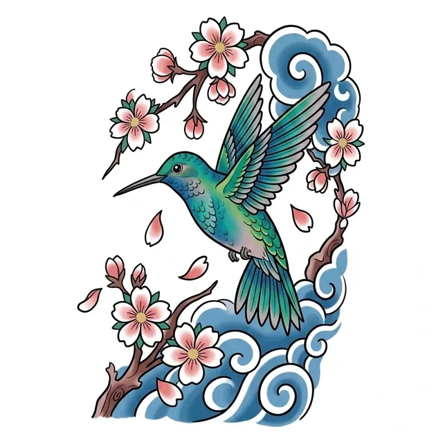 neo traditional Hummingbird tattoo design, in colour