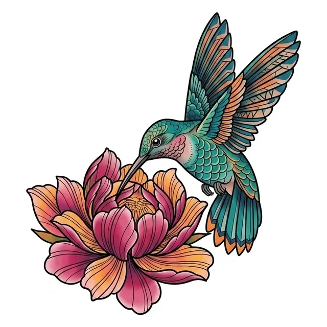 Color neo traditional peony and hummingbird tattoo design: a hummingbird hovering over a peony