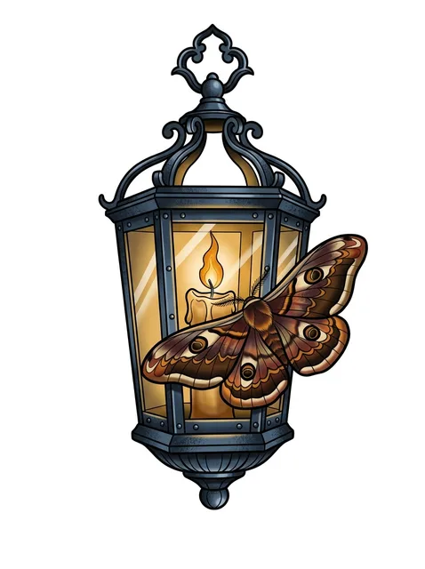 Color neo traditional lantern and moth tattoo design