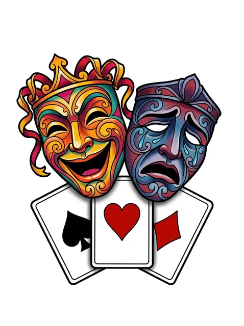 Color neo traditional laugh now cry later and playing card tattoo design: three cards marked