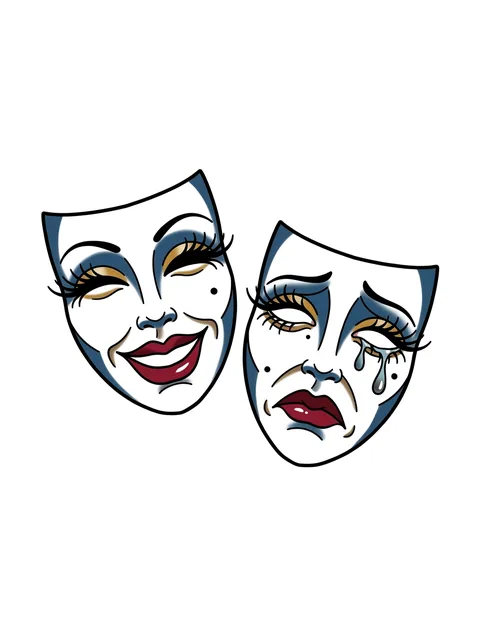 Color neo traditional laugh now cry later tattoo design: two feminine theatre masks