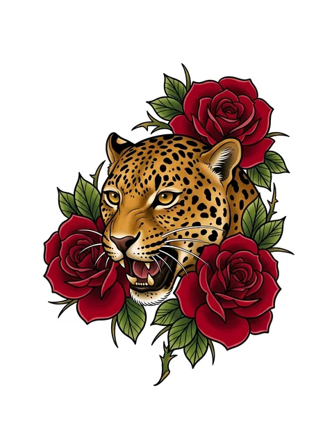 Color neo traditional leopard and rose tattoo design